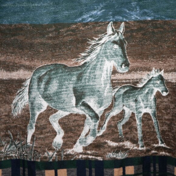 Biederlack Horse Foal Throw Blanket VTG Plaid Border Green Blue Running USA - Picture 7 of 8